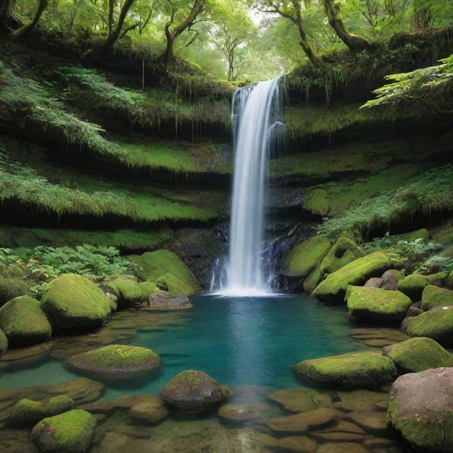 A breathtaking waterfall cascading over moss-covered rocks into a serene pool of crystal-clear water, enveloped by a lush, verdant forest.