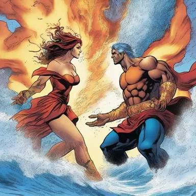 In the comic book, the immiscible characters of fire and water could never mix together.
