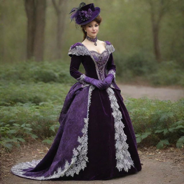 Rework the Victorian Era-inspired dress to appear more realistic. Full body rendition, with the heavy brocade detail, silver lace trim, deep purple velvet, sophisticated bustle, trail, and matching feathered hat.