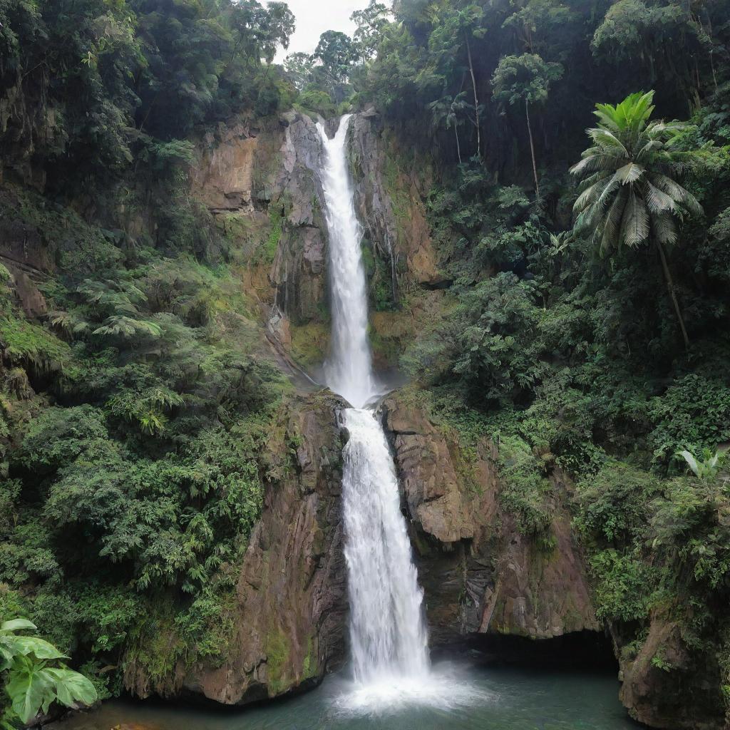 A captivating Bangladeshi waterfall, cascading down multi-layered rock formations, surrounded by tropical green foliage typical of South Asia.