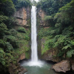 A captivating Bangladeshi waterfall, cascading down multi-layered rock formations, surrounded by tropical green foliage typical of South Asia.