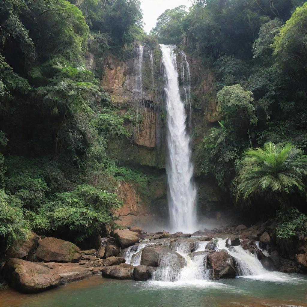 A captivating Bangladeshi waterfall, cascading down multi-layered rock formations, surrounded by tropical green foliage typical of South Asia.