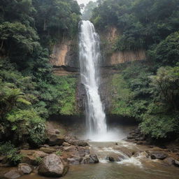 A captivating Bangladeshi waterfall, cascading down multi-layered rock formations, surrounded by tropical green foliage typical of South Asia.