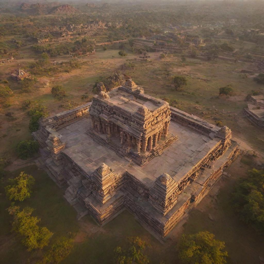 An emotive aerial view of the Kingdom of Hampi at dawn, highlighting its largest house temple. The city is nestled among majestic mountains, painted in captivating morning colors.