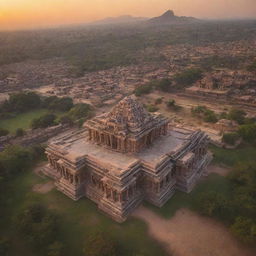 An emotive aerial view of the Kingdom of Hampi at dawn, highlighting its largest house temple. The city is nestled among majestic mountains, painted in captivating morning colors.