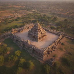 An emotive aerial view of the Kingdom of Hampi at dawn, highlighting its largest house temple. The city is nestled among majestic mountains, painted in captivating morning colors.