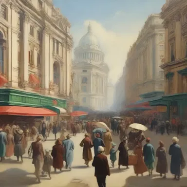 The painting depicted a bustling city with people enjoying the benefits of the welfare state, such as clean streets and accessible healthcare.