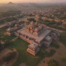 An emotive aerial view of the Kingdom of Hampi at dawn, highlighting its largest house temple. The city is nestled among majestic mountains, painted in captivating morning colors.