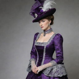 A Victorian Era-inspired heavy brocade dress, with silver lace trims and deep purple velvet. The dress also includes a sophisticated bustle and trail, complemented by a matching feathered hat.