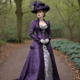 A Victorian Era-inspired heavy brocade dress, with silver lace trims and deep purple velvet. The dress also includes a sophisticated bustle and trail, complemented by a matching feathered hat.