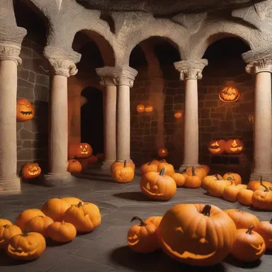 The Halloween-themed party was held in a castle-like venue decorated with jack-o-lantern fungi sculptures.
