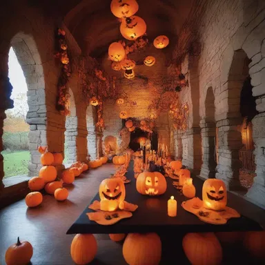 The Halloween-themed party was held in a castle-like venue decorated with jack-o-lantern fungi sculptures.