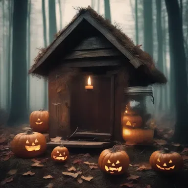 The witch's cabin in the middle of the haunted forest was filled with jars containing pickled jack-o-lantern fungi, providing an eerie ambiance as described in the book.