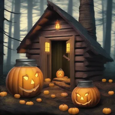 The witch's cabin in the middle of the haunted forest was filled with jars containing pickled jack-o-lantern fungi, providing an eerie ambiance as described in the book.