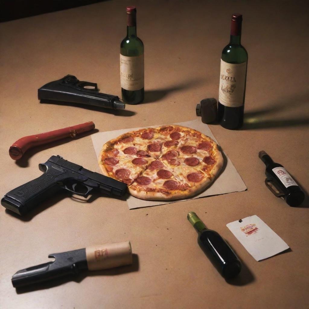 A floor scene with a discarded pizza box, empty wine bottles and a pistol, composed in the style of a Visual Novel illustration.