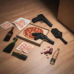 A floor scene with a discarded pizza box, empty wine bottles and a pistol, composed in the style of a Visual Novel illustration.