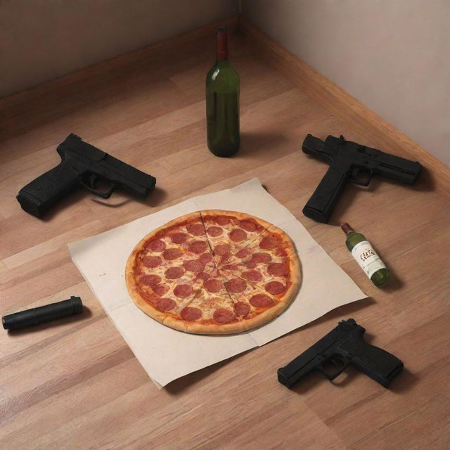 A floor scene with a discarded pizza box, empty wine bottles and a pistol, composed in the style of a Visual Novel illustration.