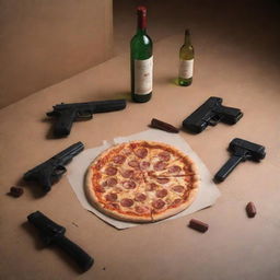 A floor scene with a discarded pizza box, empty wine bottles and a pistol, composed in the style of a Visual Novel illustration.