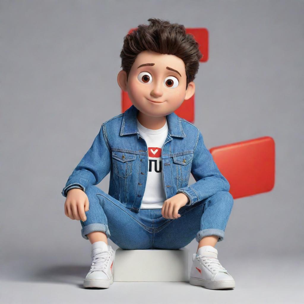 3D illustration of a casually-dressed animated character in denim jacket and sneakers, sitting on top of the YouTube logo, with '@medkas' spelled out in the background