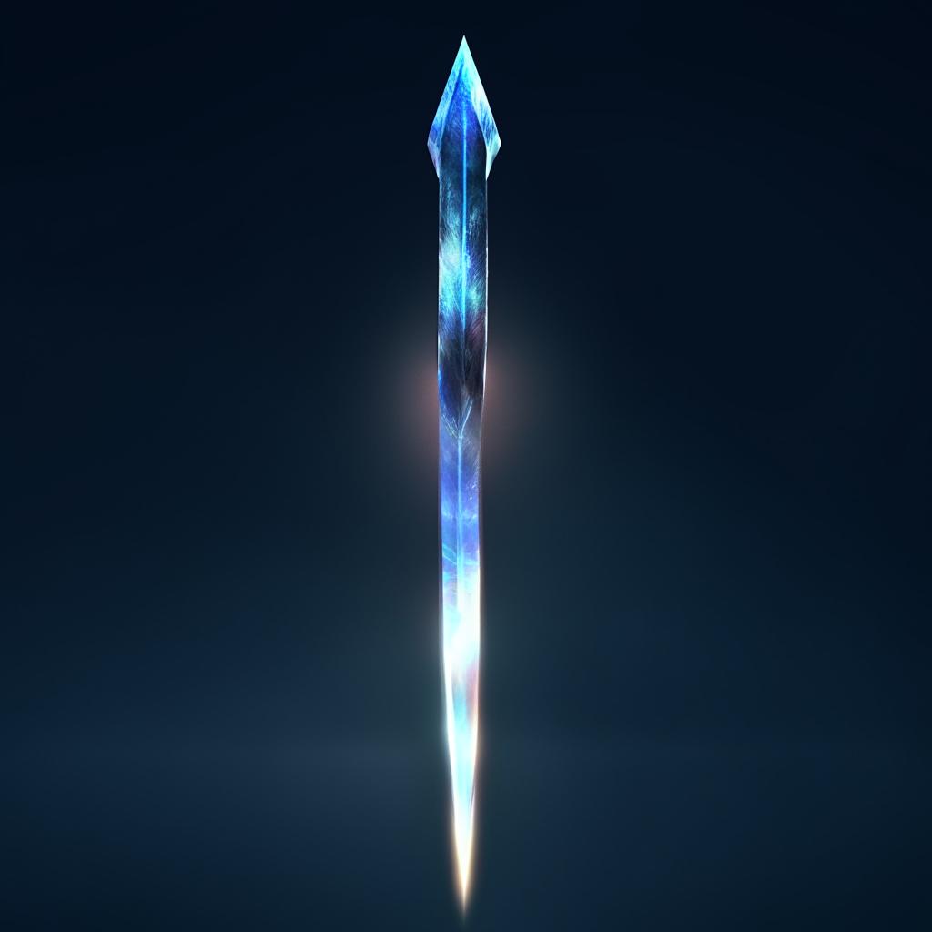 A slender, dark blue arrow pointing upwards, surrounded by an ethereal magical glow.