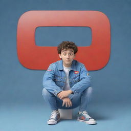 3D illustration of a casually-dressed animated character in denim jacket and sneakers, sitting on top of the YouTube logo, with '@medkas' spelled out in the background