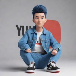 3D illustration of a casually-dressed animated character in denim jacket and sneakers, sitting on top of the YouTube logo, with '@medkas' spelled out in the background