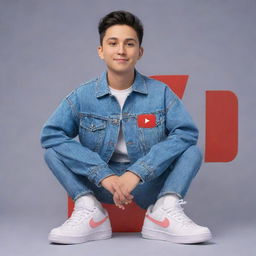 3D illustration of a casually-dressed animated character in denim jacket and sneakers, sitting on top of the YouTube logo, with '@medkas' spelled out in the background