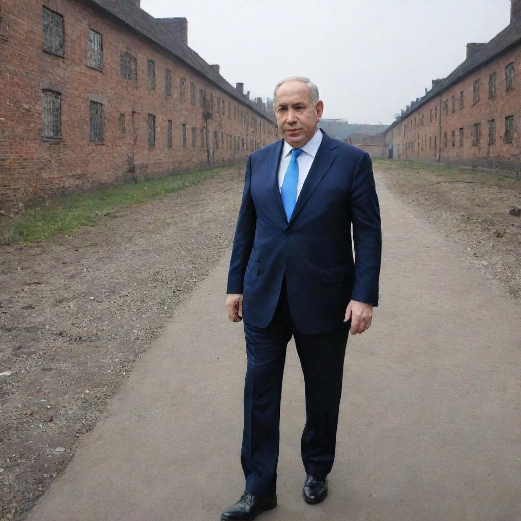 Former Israeli Prime Minister Benjamin Netanyahu visiting Auschwitz, standing solemnly with the somber surroundings of the historical site behind him