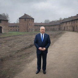 Former Israeli Prime Minister Benjamin Netanyahu visiting Auschwitz, standing solemnly with the somber surroundings of the historical site behind him