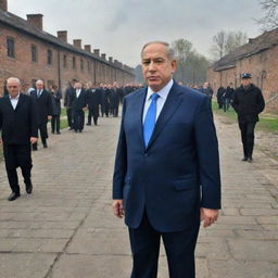 Former Israeli Prime Minister Benjamin Netanyahu visiting Auschwitz, standing solemnly with the somber surroundings of the historical site behind him