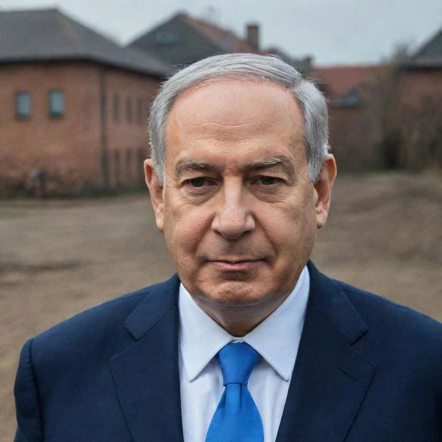 Former Israeli Prime Minister Benjamin Netanyahu visiting Auschwitz, standing solemnly with the somber surroundings of the historical site behind him