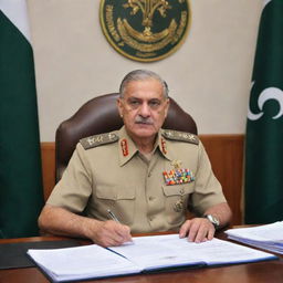 Pakistan Army chief in the role of Chairman FBR, sitting at a large desk with documents and emblem of FBR