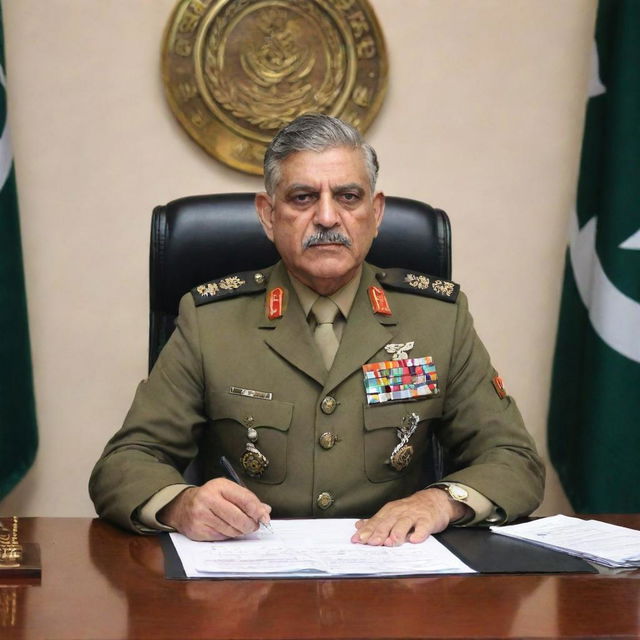 Pakistan Army chief in the role of Chairman FBR, sitting at a large desk with documents and emblem of FBR