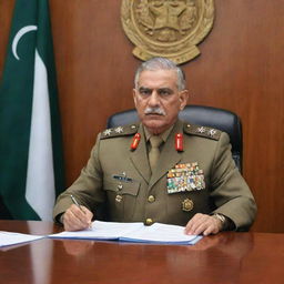 Pakistan Army chief in the role of Chairman FBR, sitting at a large desk with documents and emblem of FBR