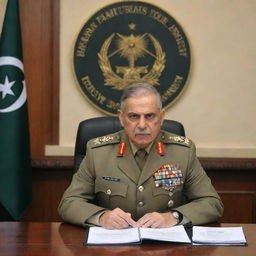 Pakistan Army chief in the role of Chairman FBR, sitting at a large desk with documents and emblem of FBR