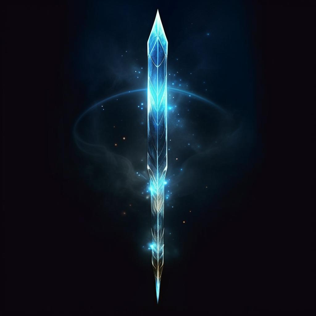 A slender, dark blue arrow pointing upwards, surrounded by an ethereal magical glow.