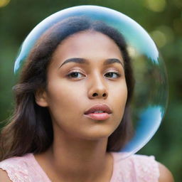 Portray a beautiful young lady daydreaming, with her crush's image appearing in a heart-shaped dream bubble.