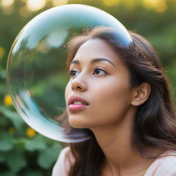 Portray a beautiful young lady daydreaming, with her crush's image appearing in a heart-shaped dream bubble.