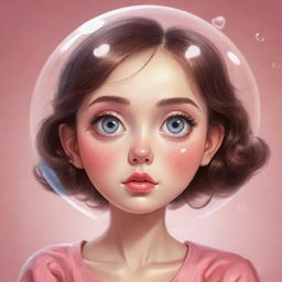 Illustrate a beautiful girl with big expressive eyes, lost in a daydream about her crush, represented by a heart-shaped dream bubble.