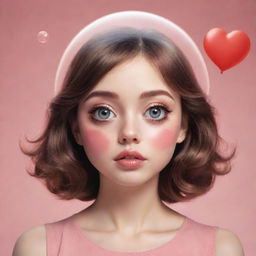 Illustrate a beautiful girl with big expressive eyes, lost in a daydream about her crush, represented by a heart-shaped dream bubble.