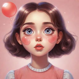 Illustrate a beautiful girl with big expressive eyes, lost in a daydream about her crush, represented by a heart-shaped dream bubble.