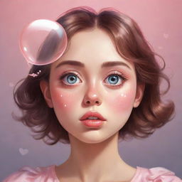 Illustrate a beautiful girl with big expressive eyes, lost in a daydream about her crush, represented by a heart-shaped dream bubble.