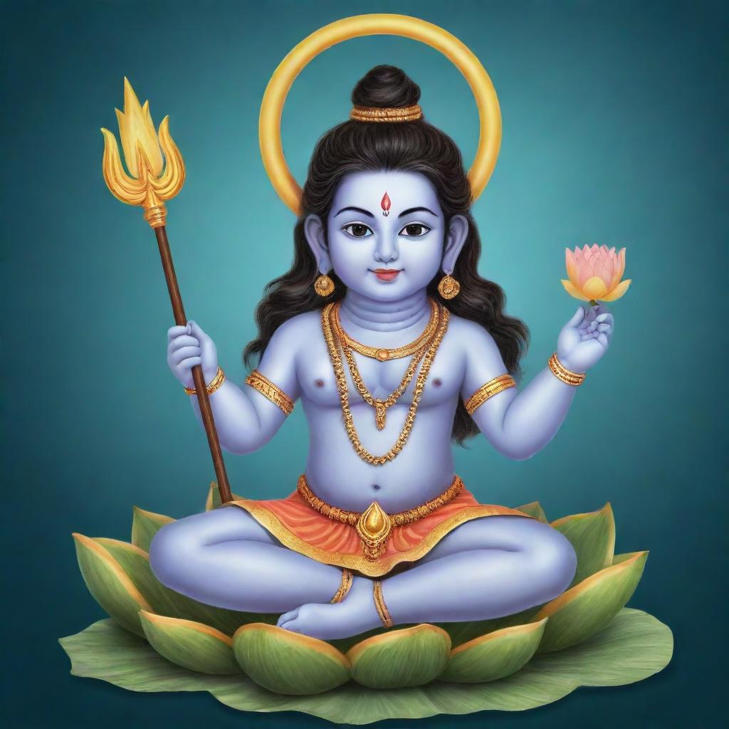 Generate an image of Lord Shiva, depicted cutely and in a childlike form, possibly playing with his trident or sitting peacefully on a lotus flower.