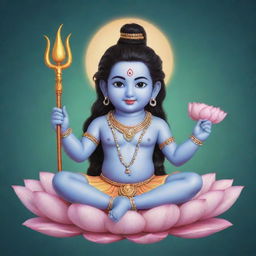 Generate an image of Lord Shiva, depicted cutely and in a childlike form, possibly playing with his trident or sitting peacefully on a lotus flower.