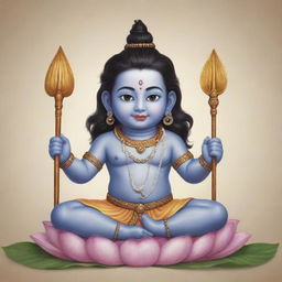 Generate an image of Lord Shiva, depicted cutely and in a childlike form, possibly playing with his trident or sitting peacefully on a lotus flower.