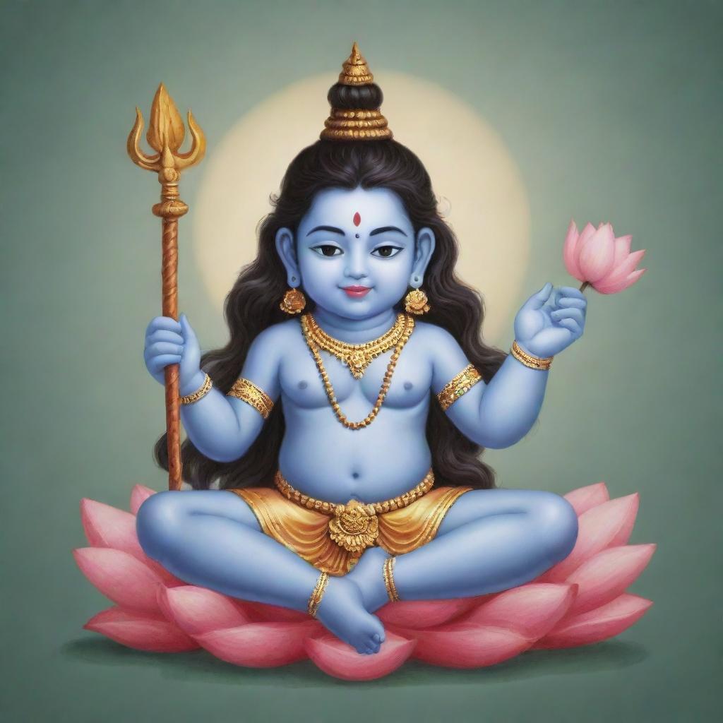 Generate an image of Lord Shiva, depicted cutely and in a childlike form, possibly playing with his trident or sitting peacefully on a lotus flower.