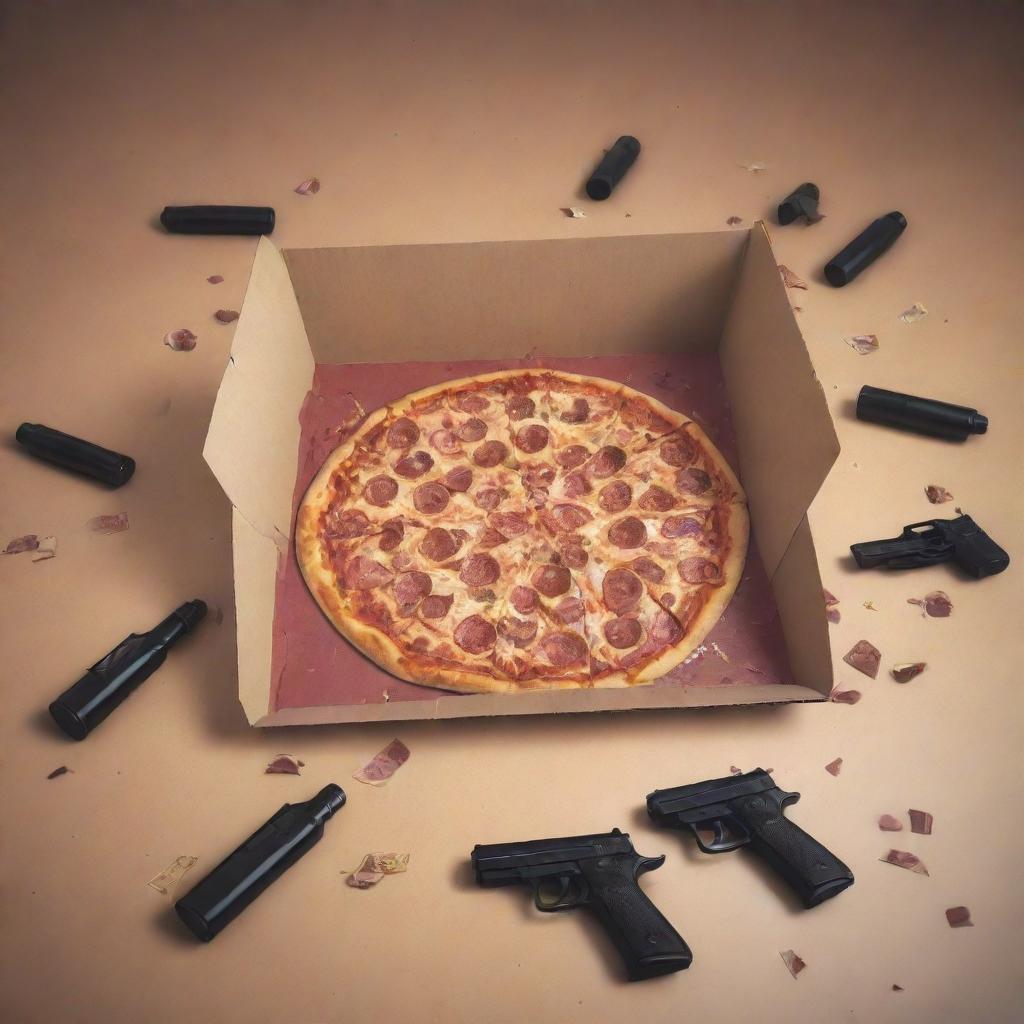 An illustration of a floor strewn with an empty pizza box, discarded wine bottles, and a pistol, created in the Visual Novel illustration style.