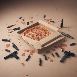 An illustration of a floor strewn with an empty pizza box, discarded wine bottles, and a pistol, created in the Visual Novel illustration style.