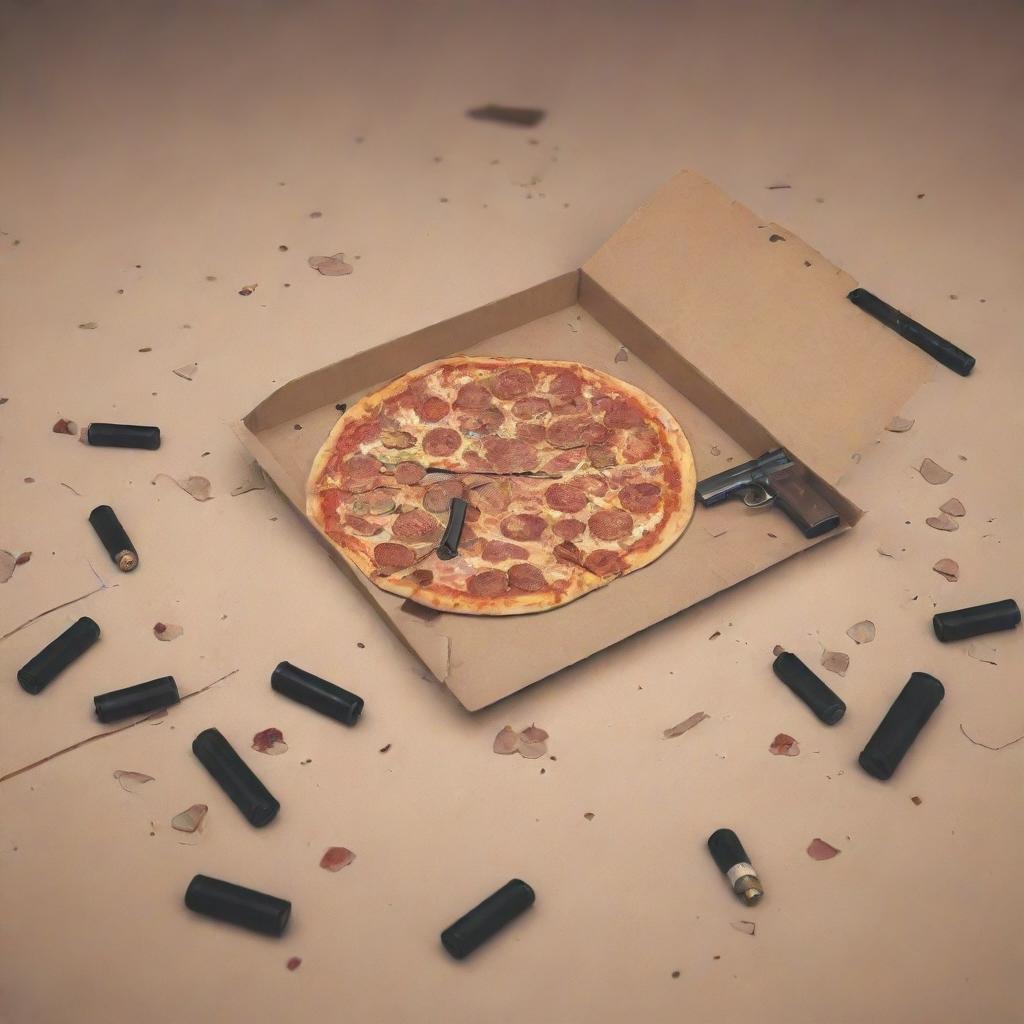 An illustration of a floor strewn with an empty pizza box, discarded wine bottles, and a pistol, created in the Visual Novel illustration style.