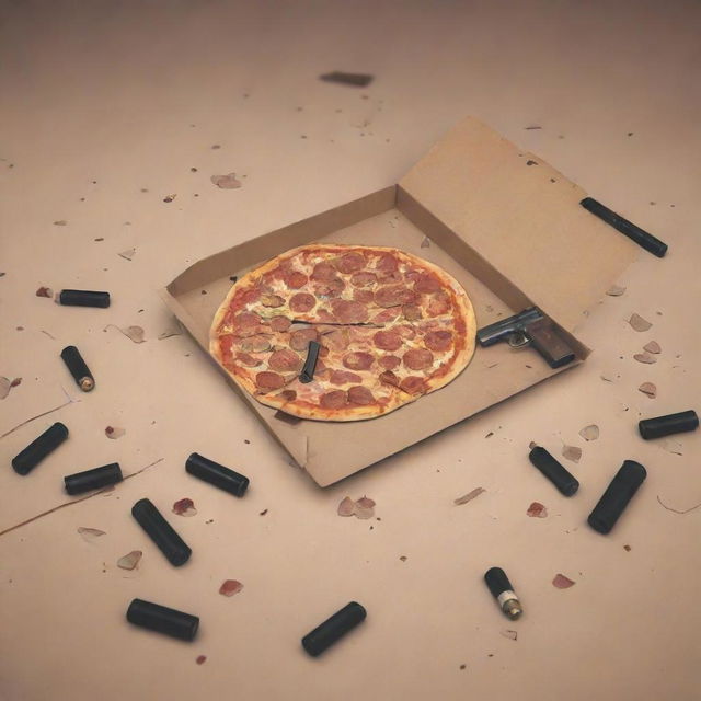 An illustration of a floor strewn with an empty pizza box, discarded wine bottles, and a pistol, created in the Visual Novel illustration style.